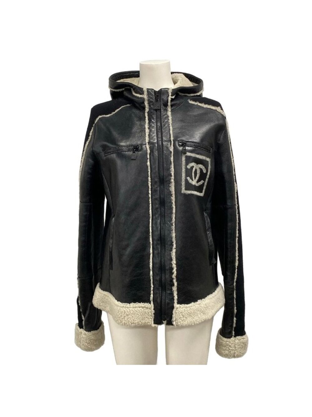 Chanel Jacket L Sport Line Black White Winter Shearling 42